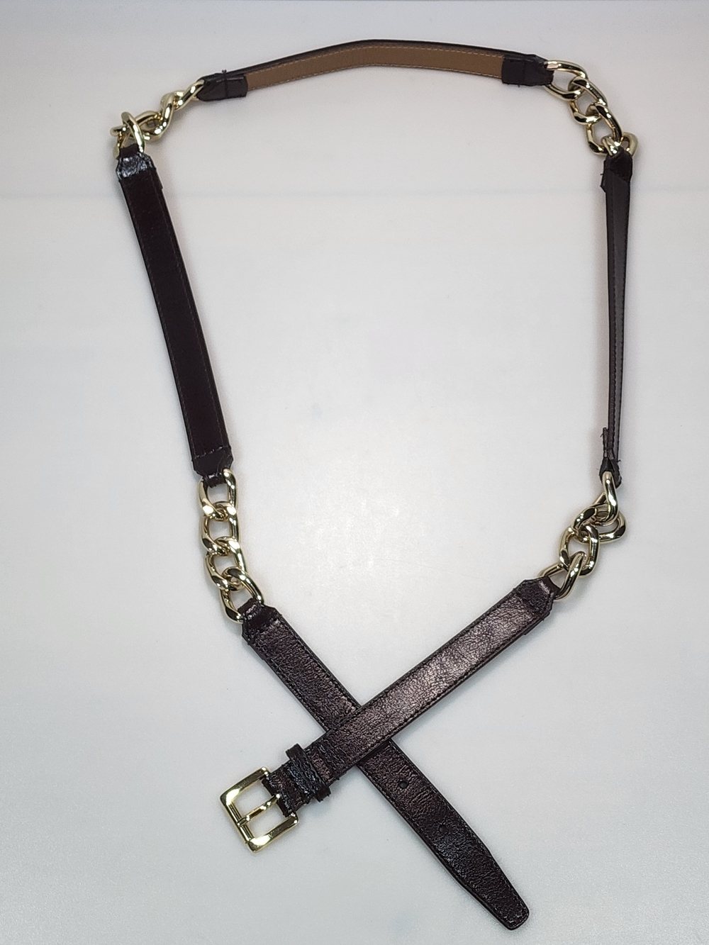 MICHAEL KORS XL Black Leather & Gold Chain LInk Belt Fits 41.75-43" Waist